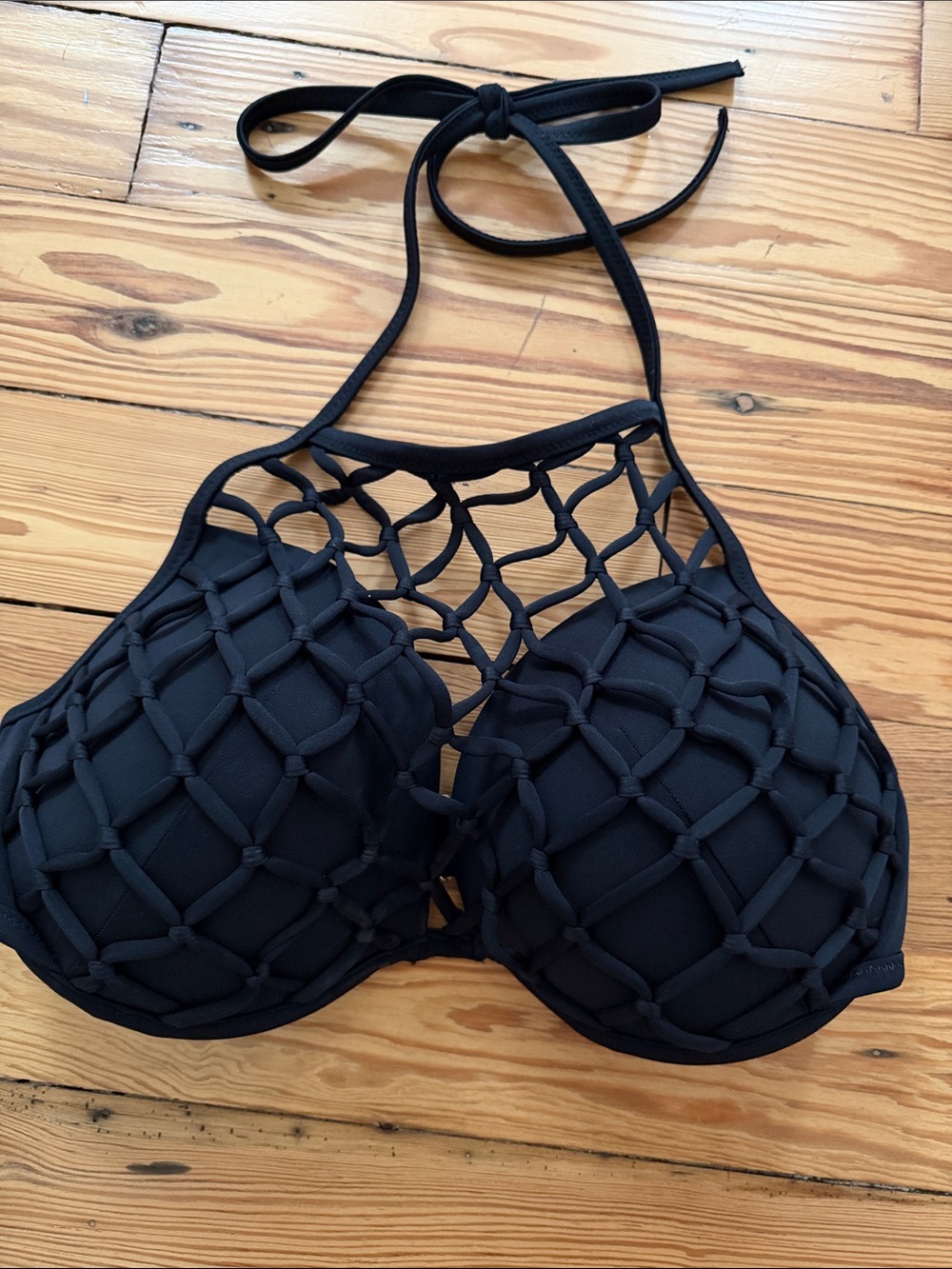 Black Halter Swim Top with Lattice Overlay